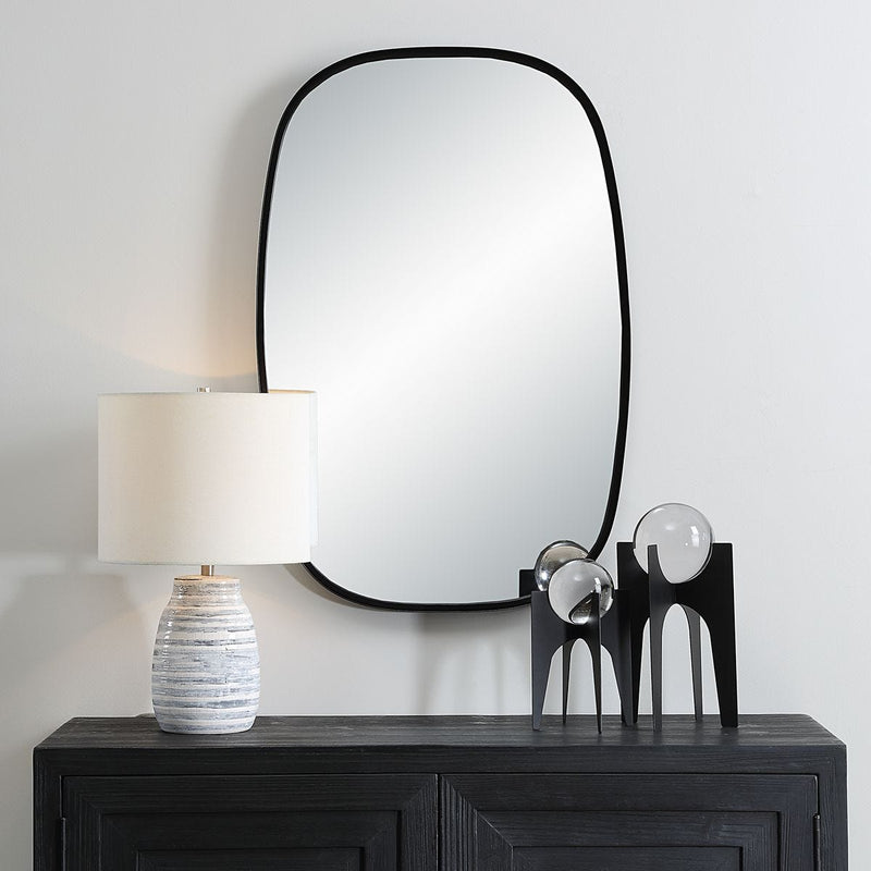 Ovelo Satin Black Mirror | Modern Rectangle Iron Frame Bathroom Vanity Mirror with Rounded Corners Mounted Vertical or Horizontal (22 in. W x 34 in. H x 2 in. D)