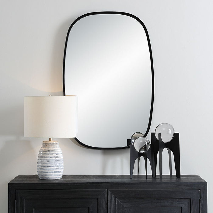 Ovelo Satin Black Mirror | Modern Rectangle Iron Frame Bathroom Vanity Mirror with Rounded Corners Mounted Vertical or Horizontal (22 in. W x 34 in. H x 2 in. D)
