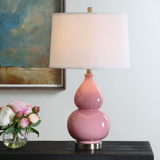 Hollis Bubblegum Pink Glaze Modern Ceramic Table Lamp with White Linen Shade (26" H Lamp with 10" H x 15" W Shade)