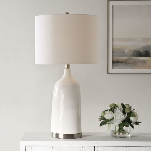 Castin Gloss White Glaze Modern Ceramic Table Lamp with Off-White Linen Shade (29" H Lamp with 11" H x 15" W Shade)