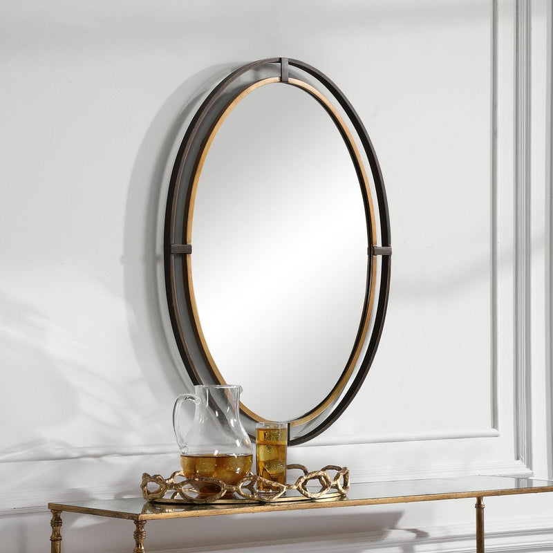 Veluna Rustic Bronze and Antique Gold Mirror | Modern Oval Iron Frame Bathroom Vanity Mirror (24 in. W x 35 in. H x 2 in. D)