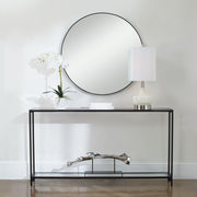 Tivlo Console Table | Satin Black with Mirrored Top and Tempered Glass Bottom (56 in. W x 30 in. H x 8 in. D)