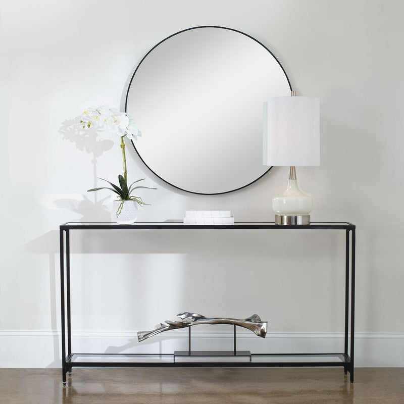 Tivlo Console Table | Satin Black with Mirrored Top and Tempered Glass Bottom (56 in. W x 30 in. H x 8 in. D)