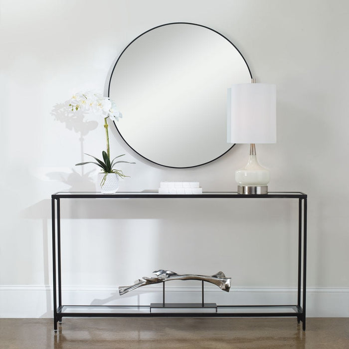 Tivlo Console Table | Satin Black with Mirrored Top and Tempered Glass Bottom (56 in. W x 30 in. H x 8 in. D)