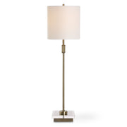 Arvia Antique Brass Modern Metal Buffet Table Lamp with White Linen Shade (32" H Lamp with 9" H x 9" W Shade)