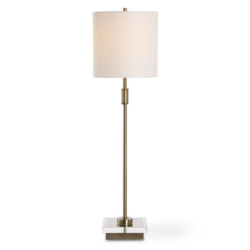 Arvia Antique Brass Modern Metal Buffet Table Lamp with White Linen Shade (32" H Lamp with 9" H x 9" W Shade)