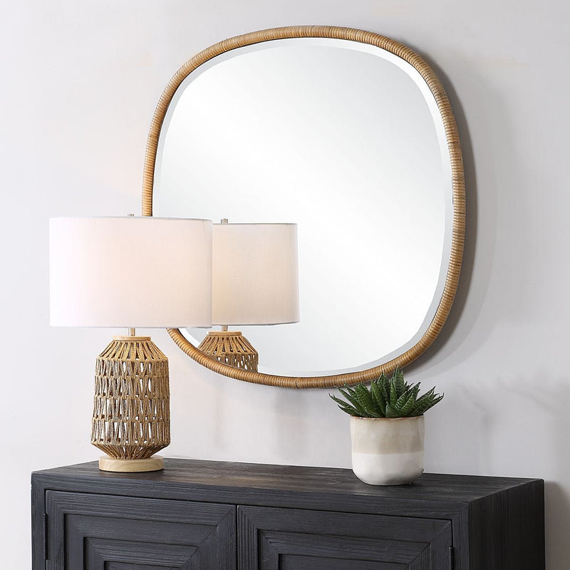 Seastran Coastal Mirror | Modern Round Natural Rattan Frame Mirror (34 in. W x 34 in. H x 2 in. D)