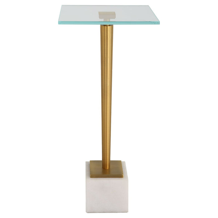 Miri Accent Table | Brass Plated and Tempered Glass Top with White Marble Base (11 in. W x 25 in. H)