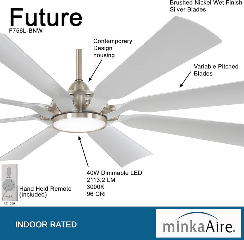 Minka Aire Future F756L-BNW 65-Inch Wet LED Outdoor Ceiling Fan in Brushed Nickel with Remote