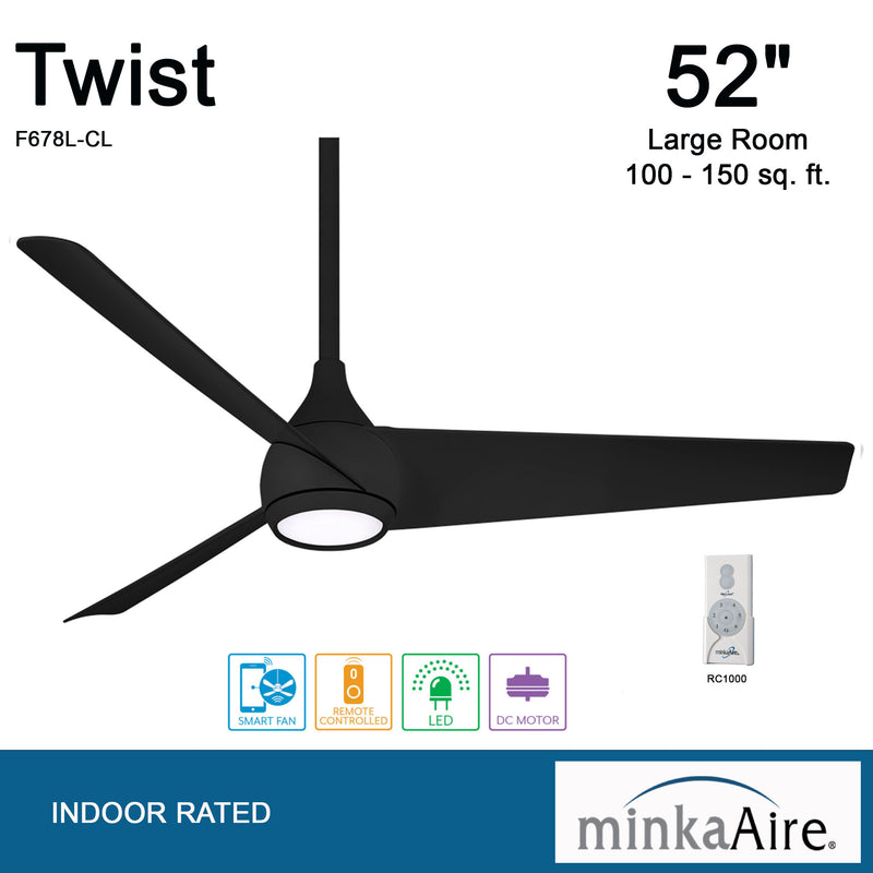 Minka Aire Twist F678L-CL 52-Inch LED Ceiling Fan in Coal Black with Remote
