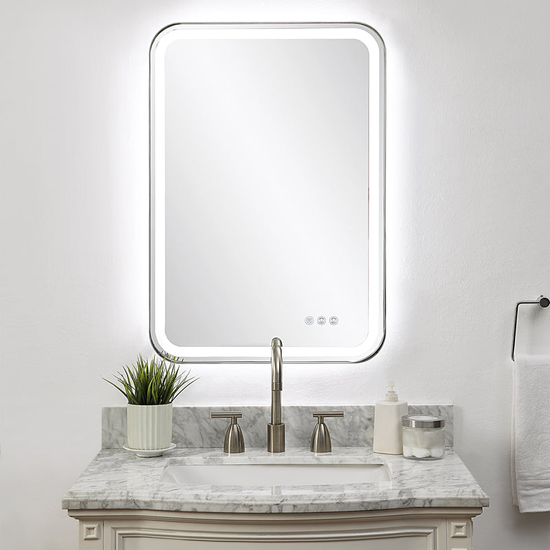 Uttermost Crofton 09945 nickel modern LED rectangle bathroom vanity mirror with integrated lighting, frosted strip mirror, and polished nickel frame, 22 in. W x 32 in. H