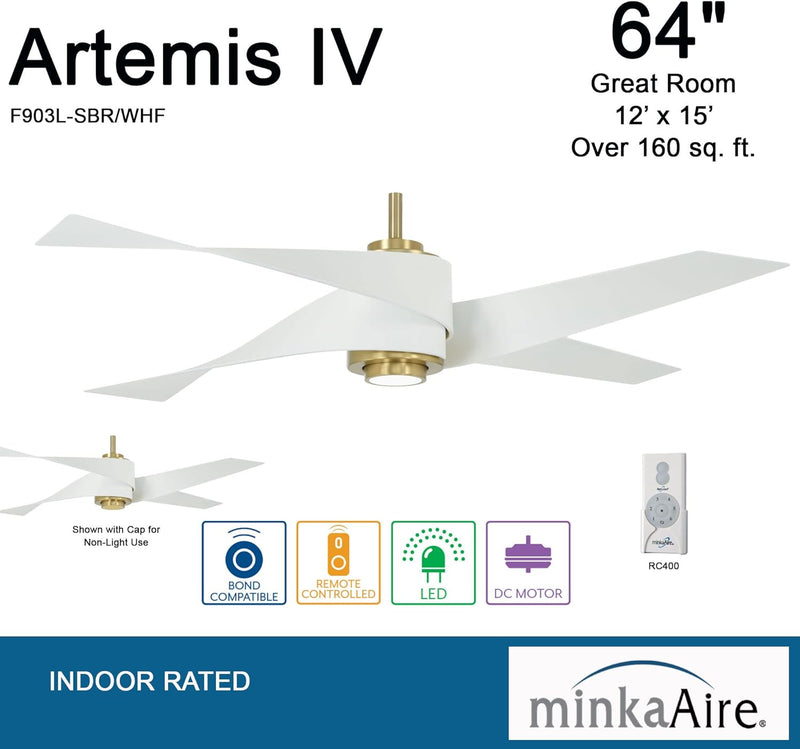 Minka Aire Artemis IV F903L-SBR/WHF 64-Inch LED Modern Ceiling Fan in Soft Brass with Flat White Blades and Remote