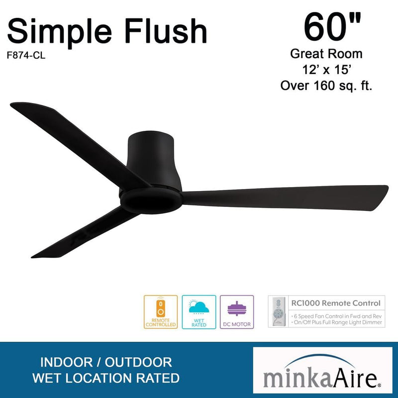 Minka Aire Simple Flush Hugger 60" Coal Black Outdoor Ceiling Fan with Remote