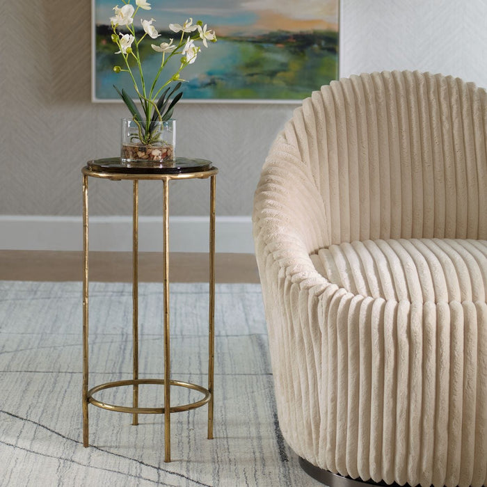 Vortel Accent Table | Antique Gold Textured Iron and Recycled Glass Top (12 in. W x 24 in. H)
