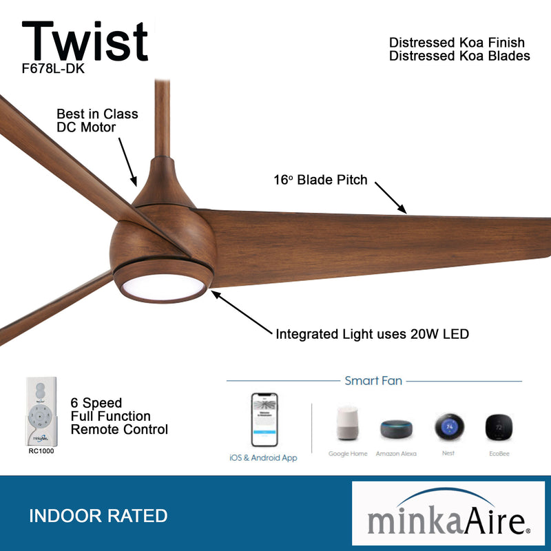 Minka Aire Twist F678L-DK 52-Inch LED Ceiling Fan in Distressed Koa with Remote