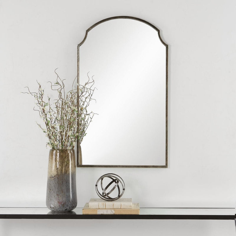 Treva Rich Bronze Mirror | Modern Arch Iron Frame Bathroom Vanity Mirror (22 in. W x 36 in. H x 1 in. D)