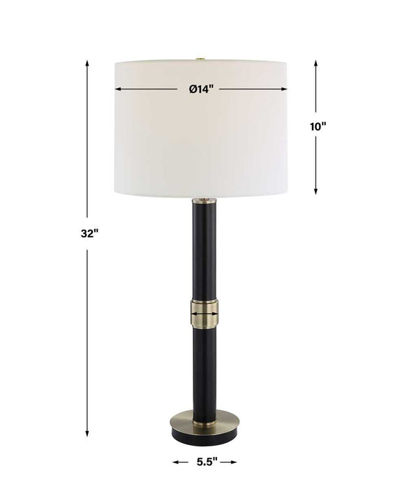 Zentro Black and Antique Gold Modern Metal Table Lamp with White Linen Shade (32" H Lamp with 10" H x 14" W Shade)