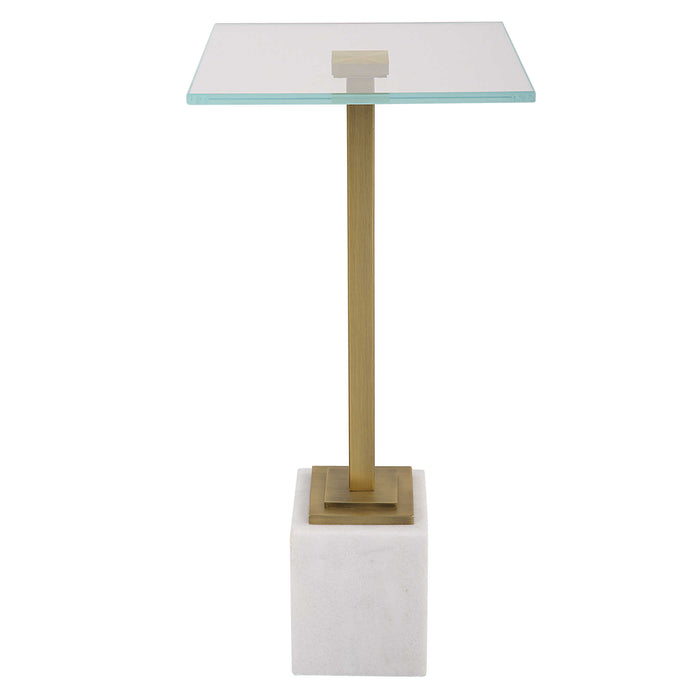 Moss + Fig Marble Drink Table | White Marble and Brushed Brass End Table (Modern Pedestal Table 11 W x 24 H x 11 D inches)