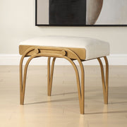 Astoria Antique Brushed Brass Accent Bench | Modern Iron Frame with Textured Light Cream Cushion (24 in. W x 22 in. H x 16 in. D)