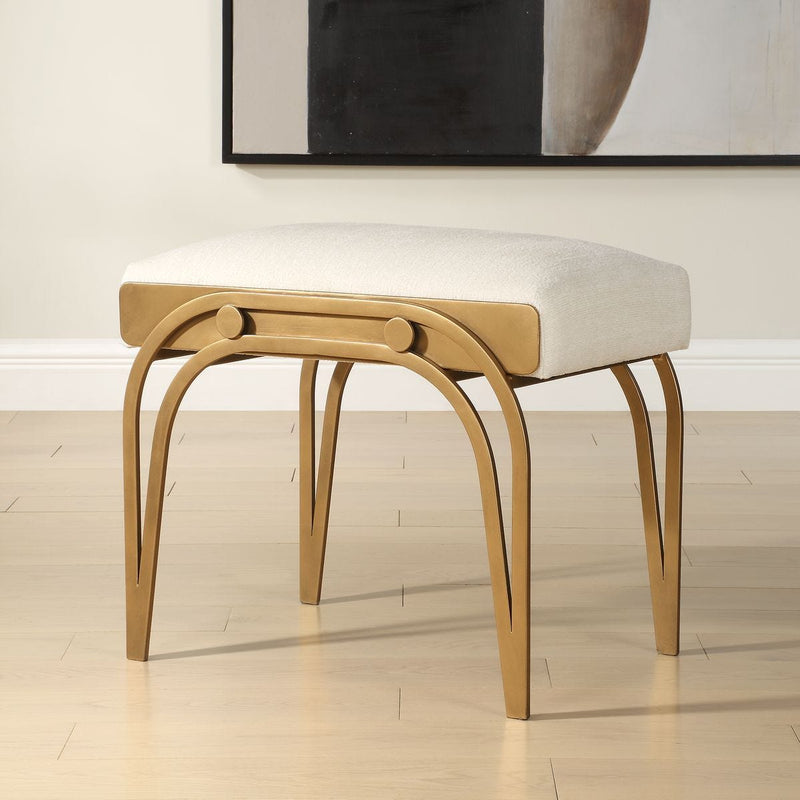 Astoria Antique Brushed Brass Accent Bench | Modern Iron Frame with Textured Light Cream Cushion (24 in. W x 22 in. H x 16 in. D)