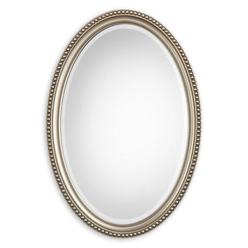 Gemi Metallic Silver Mirror | Modern Oval Polystyrene Frame Bathroom Vanity Mirror Mounted Vertical or Horizontal (22 in. W x 32 in. H x 1 in. D)