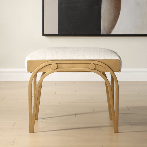 Astoria Antique Brushed Brass Accent Bench | Modern Iron Frame with Textured Light Cream Cushion (24 in. W x 22 in. H x 16 in. D)