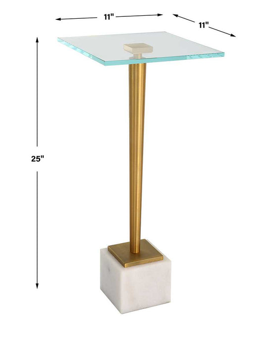 Miri Accent Table | Brass Plated and Tempered Glass Top with White Marble Base (11 in. W x 25 in. H)
