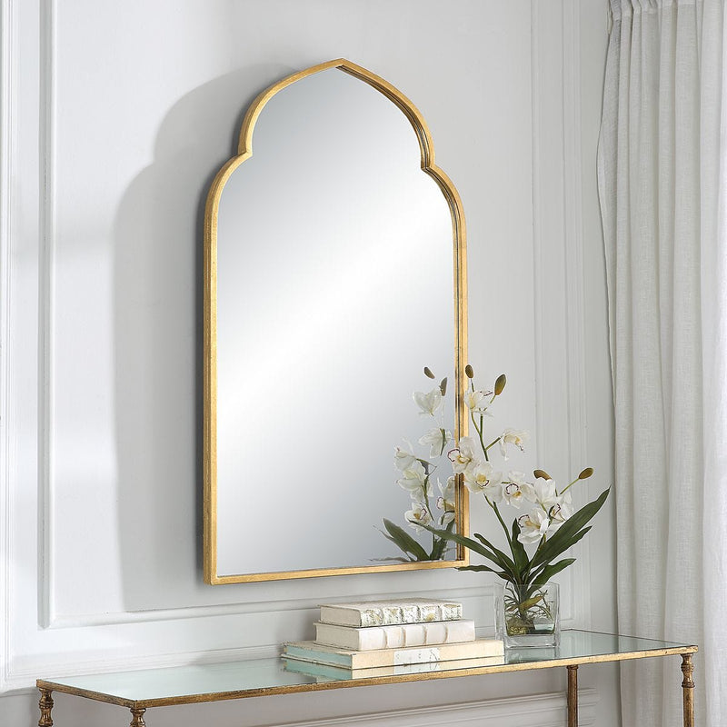 Marzala Antique Gold Leaf Mirror | Modern Arch Iron Frame Bathroom Vanity Mirror (22 in. W x 38 in. H x 1 in. D)