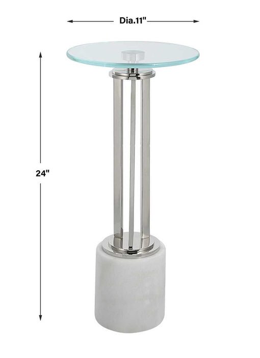 Mara Accent Table | Nickel and Tempered Glass Top with White Marble Base (11 in. W x 24 in. H)