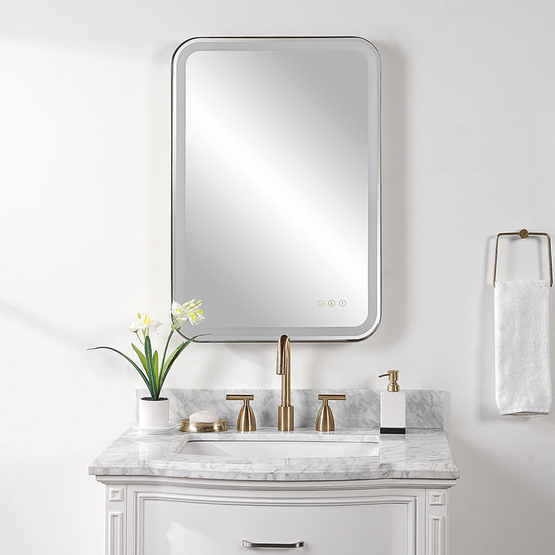 Uttermost Crofton 09861 black modern LED rectangle bathroom vanity mirror with integrated lighting, frosted strip mirror, and satin black metal frame, 22 in. W x 32 in. H