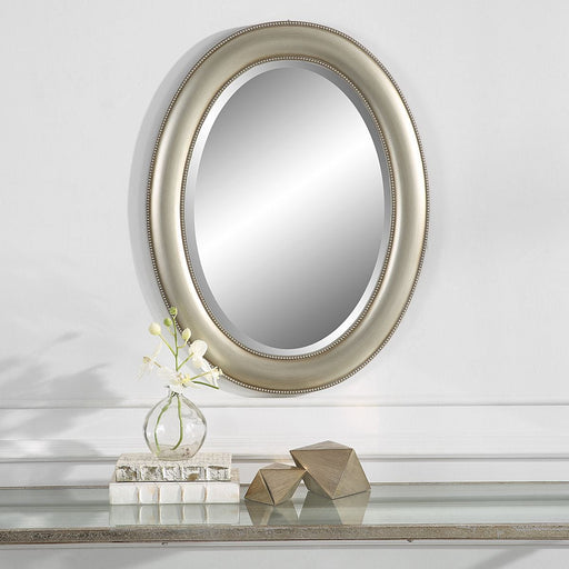 Avara Metallic Silver Mirror | Modern Oval Polystyrene Frame Bathroom Vanity Mirror Mounted Vertical or Horizontal (22 in. W x 29 in. H x 1 in. D)