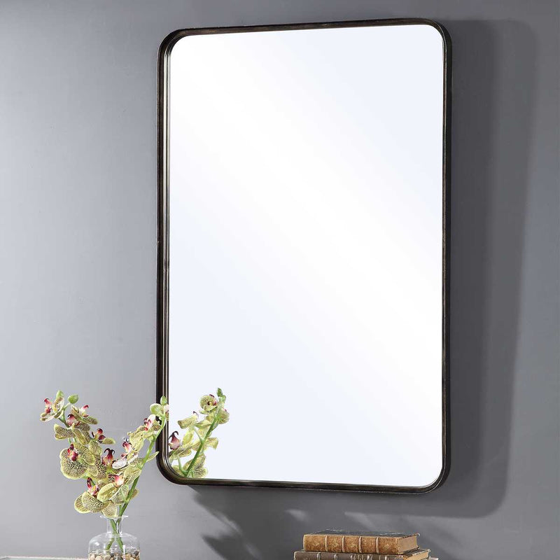 Nuvik Dark Bronze with Gold Highlights Mirror | Modern Rectangle Iron Frame Bathroom Vanity Mirror with Rounded Corners Mounted Vertical or Horizontal (24 in. W x 36 in. H x 1 in. D)