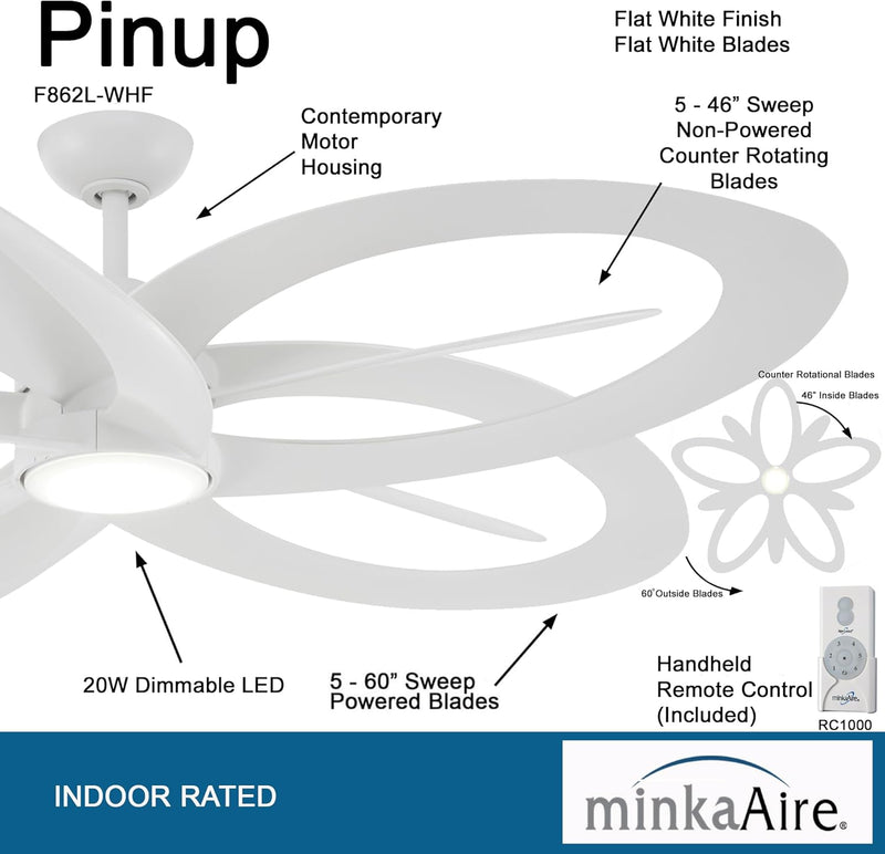 Minka Aire F862L-WHF Pinup 60" Flat White LED Ceiling Fan with Remote - ALCOVE LIGHTING