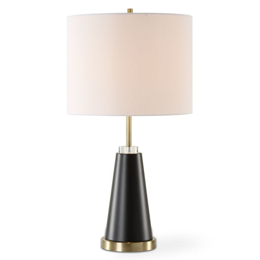 Skylen Black Modern Metal Table Lamp with Off White Linen Shade (28" H Lamp with 11" H x 15" W Shade)