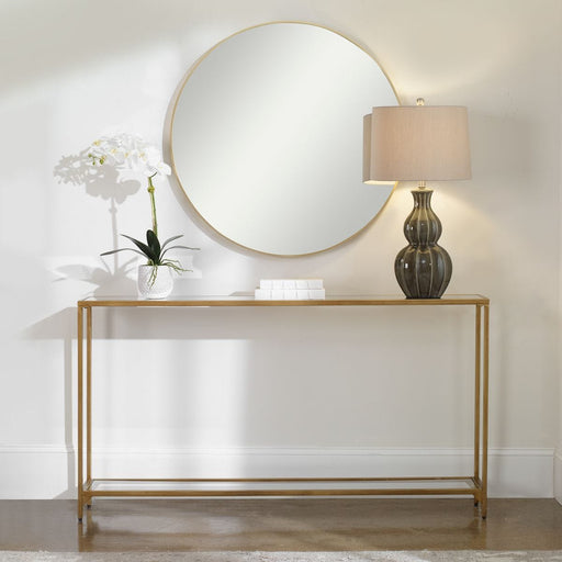 Tivlo Console Table | Warm Gold with Mirrored Top and Tempered Glass Bottom (56 in. W x 30 in. H x 8 in. D)