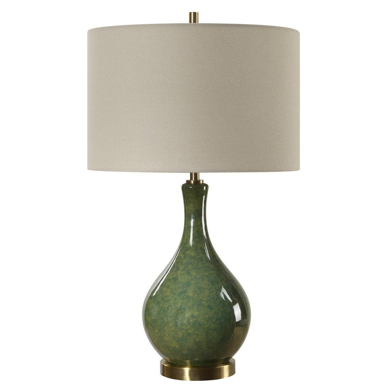 Zemira Emerald Green Glaze Modern Ceramic Accent Table Lamp with Beige Linen Shade (24" H Lamp with 9" H x 14" W Shade)