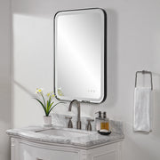 Uttermost Crofton 09861 black modern LED rectangle bathroom vanity mirror with integrated lighting, frosted strip mirror, and satin black metal frame, 22 in. W x 32 in. H