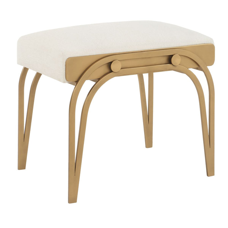 Astoria Antique Brushed Brass Accent Bench | Modern Iron Frame with Textured Light Cream Cushion (24 in. W x 22 in. H x 16 in. D)