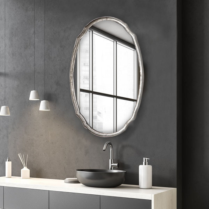 Midora Antique Silver Mirror | Modern Oval Hammered Iron Frame Bathroom Vanity Mirror Mounted Vertical or Horizontal (24 in. W x 36 in. H x 2 in. D)