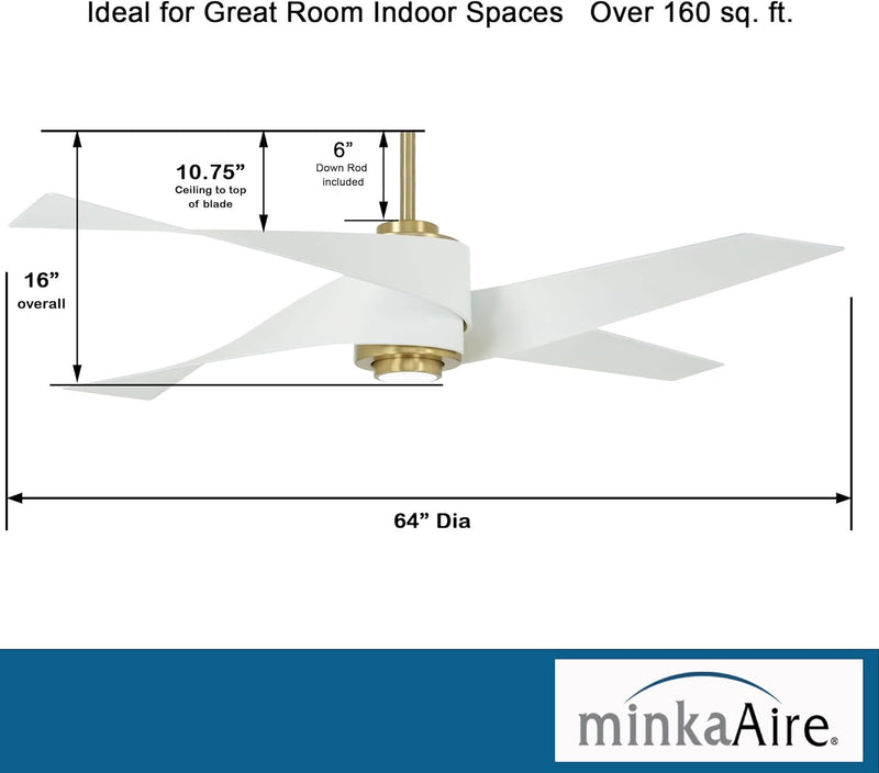 Minka Aire Artemis IV F903L-SBR/WHF 64-Inch LED Modern Ceiling Fan in Soft Brass with Flat White Blades and Remote