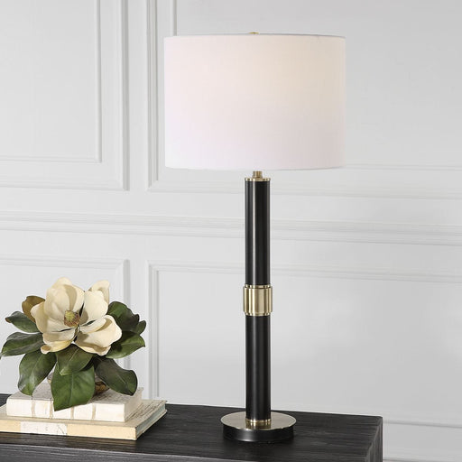 Zentro Black and Antique Gold Modern Metal Table Lamp with White Linen Shade (32" H Lamp with 10" H x 14" W Shade)