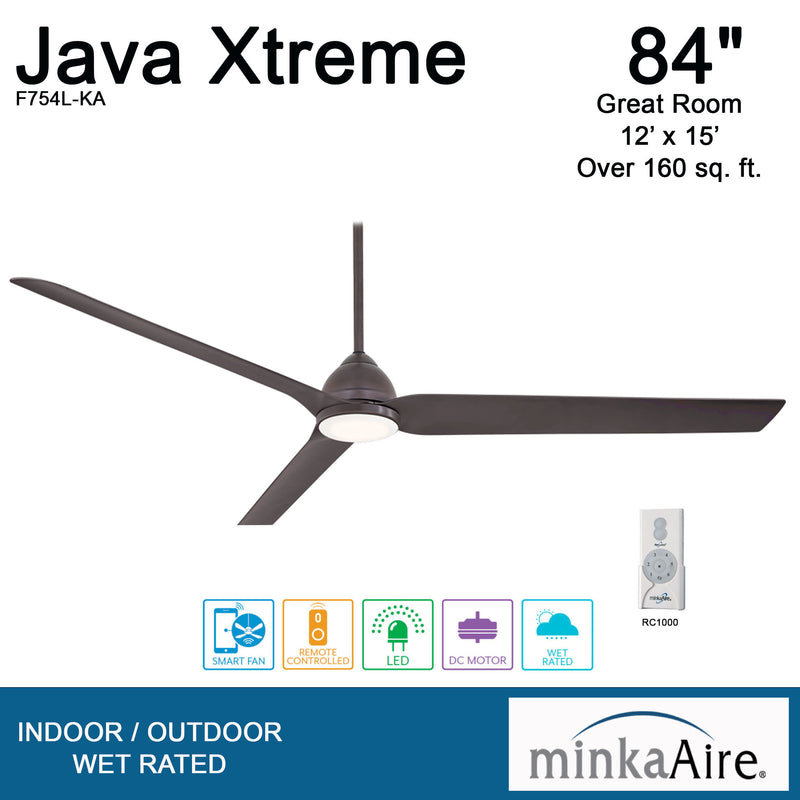 Minka Aire Java Xtreme F754L-KA 84-Inch Wet Smart LED Outdoor Ceiling Fan in Kocoa with Remote