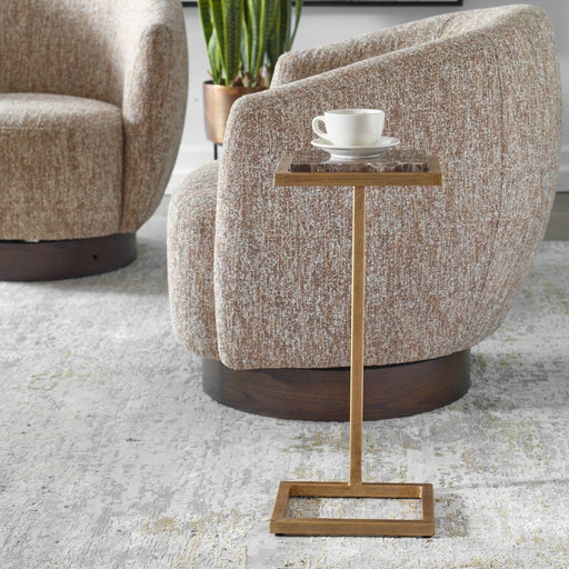 Riva Accent Table | Antiqued Gold and Brown Emperador Marble Top (10 in. W x 23 in. H x 8 in. D)
