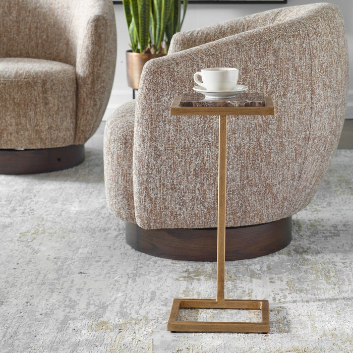 Riva Accent Table | Antiqued Gold and Brown Emperador Marble Top (10 in. W x 23 in. H x 8 in. D)