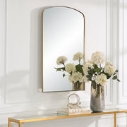 Uttermost Tordera 09923 brass modern arch bathroom vanity mirror with sleek stainless steel frame and floating polished edge mirror, 24 in. W x 40 in. H