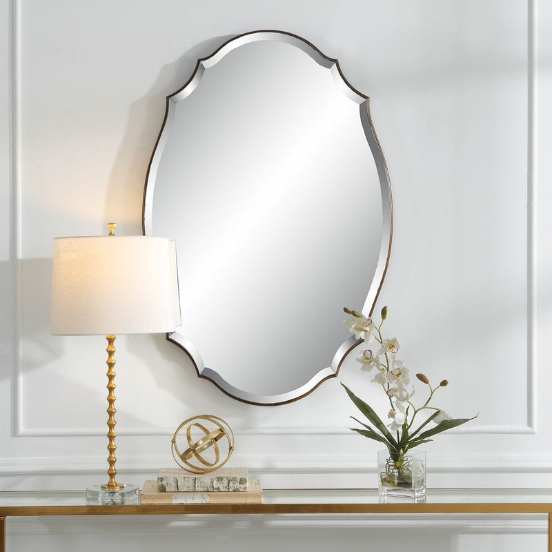 Domari Antique Bronze and Gold Mirror | Modern Oval Engineered Wood Frame Bathroom Vanity Mirror Mounted Vertical or Horizontal (28 in. W x 42 in. H x 1 in. D)