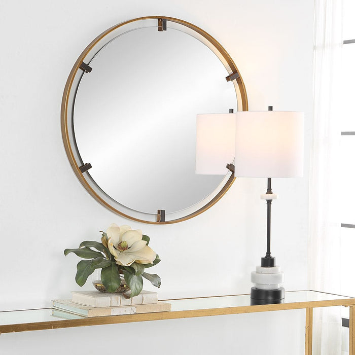 Axion Rich Gold and Dark Bronze Mirror | Modern Round Iron Frame Bathroom Vanity Mirror (32 in. W x 32 in. H x 1 in. D)