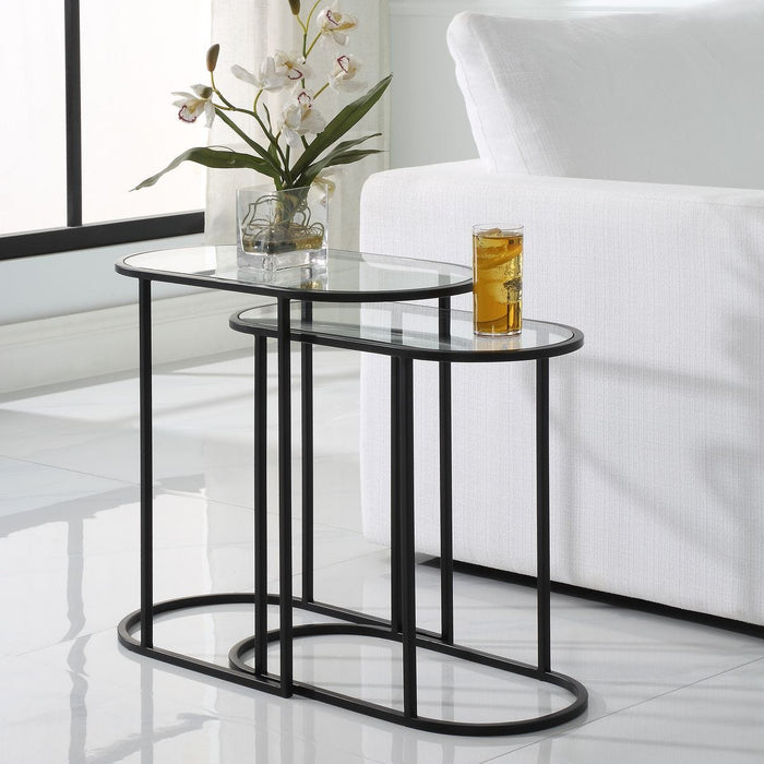 Strada Nesting Tables Set of 2 | Matte Black and Clear Tempered Glass Top (Medium: 22 in. W x 19.5 in. H x 10.5 in. D; Large: 24 in. W x 22 in. H x 12.5 in. D)