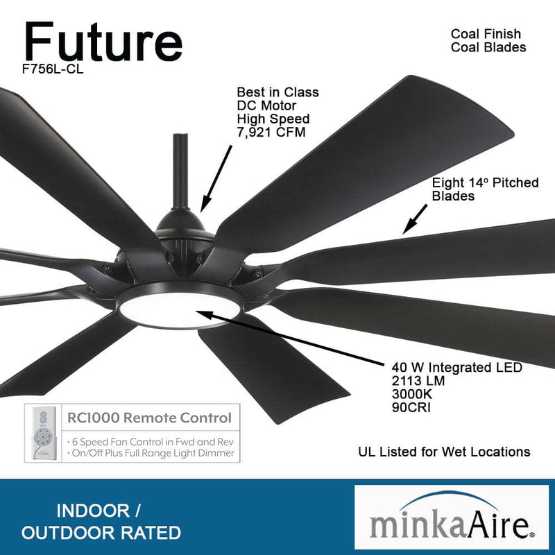 Minka Aire Future F756L-CL 65-Inch Wet LED Outdoor Ceiling Fan in Coal Black with Remote