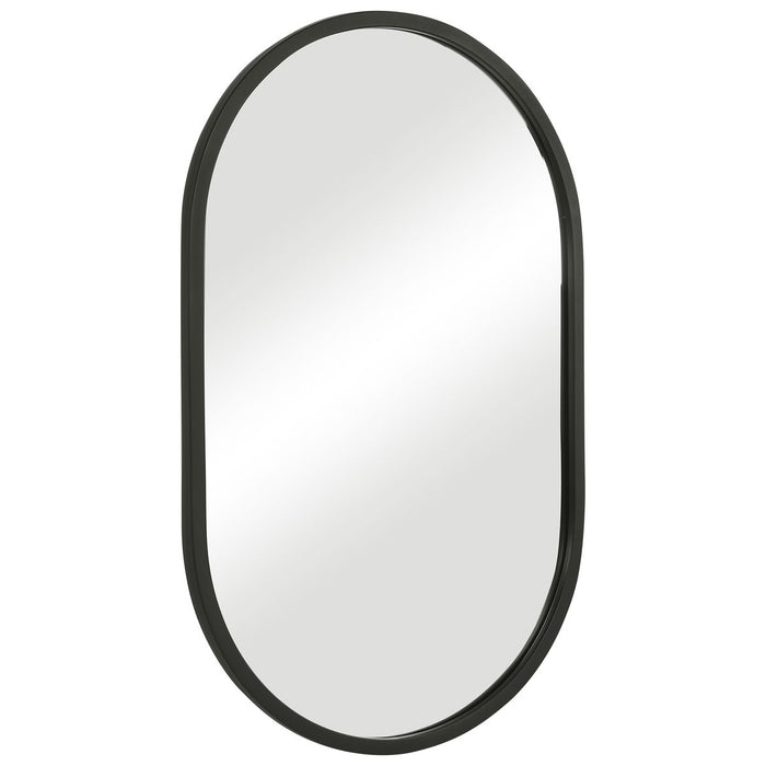 Orelis Matte Black Mirror | Modern Oval Engineered Polymer Frame Bathroom Vanity Mirror Mounted Vertical or Horizontal (20 in. W x 32 in. H x 1 in. D)